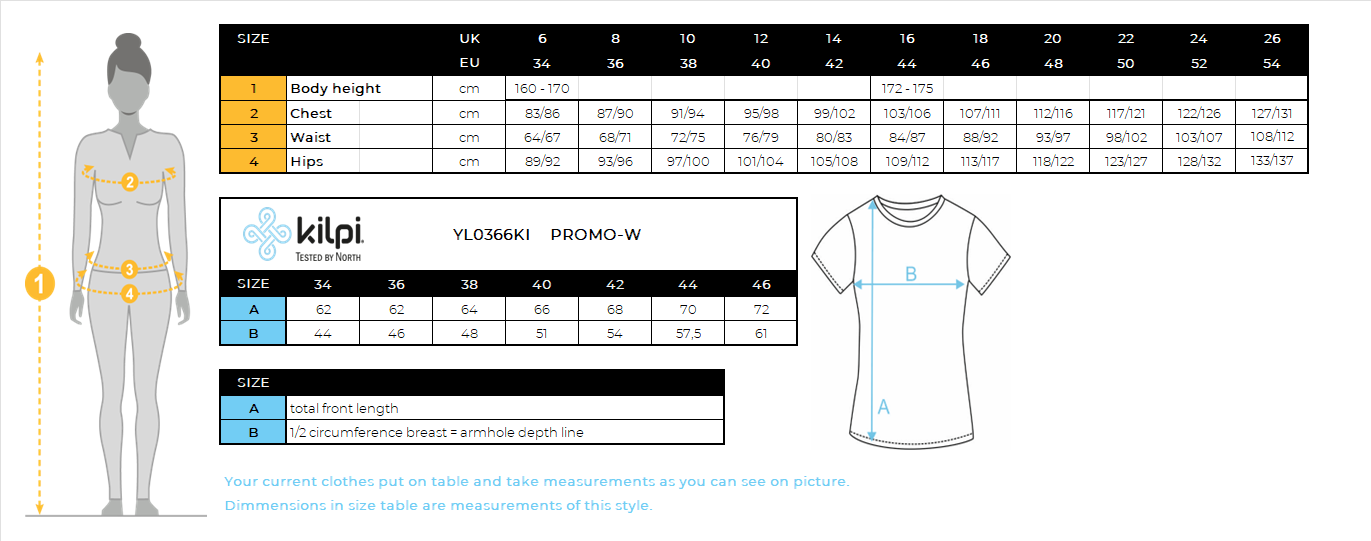 Damen T-Shirt aus Baumwolle Kilpi PROMO-W – Größentabelle