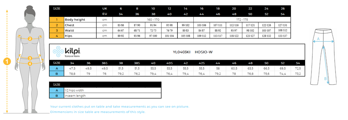 Damen-Outdoor-Hose Kilpi HOSIO-W – Größentabelle