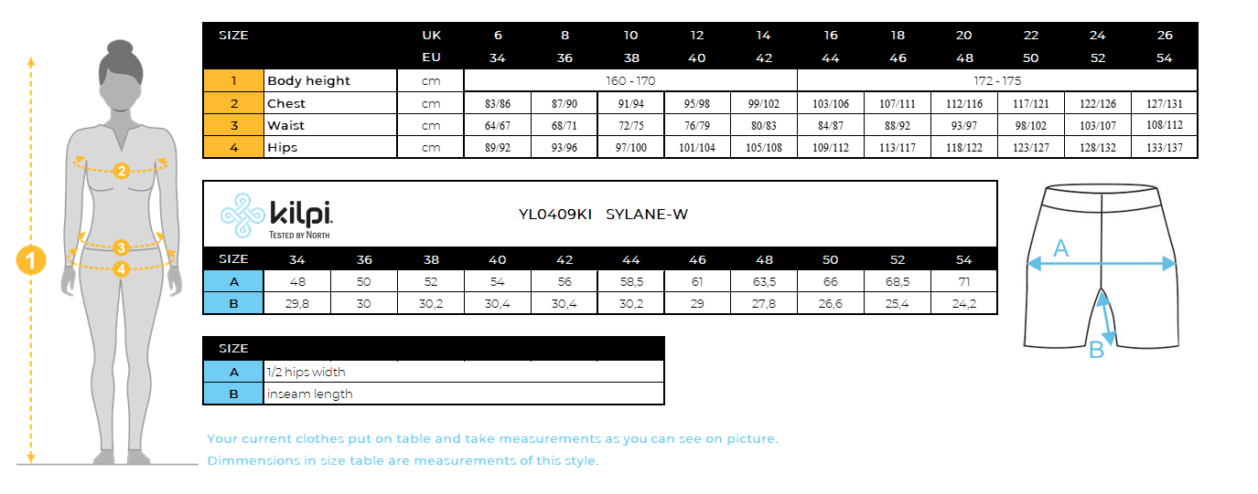 Damen SHORTS - OUTDOOR Kilpi SYLANE-W – Größentabelle