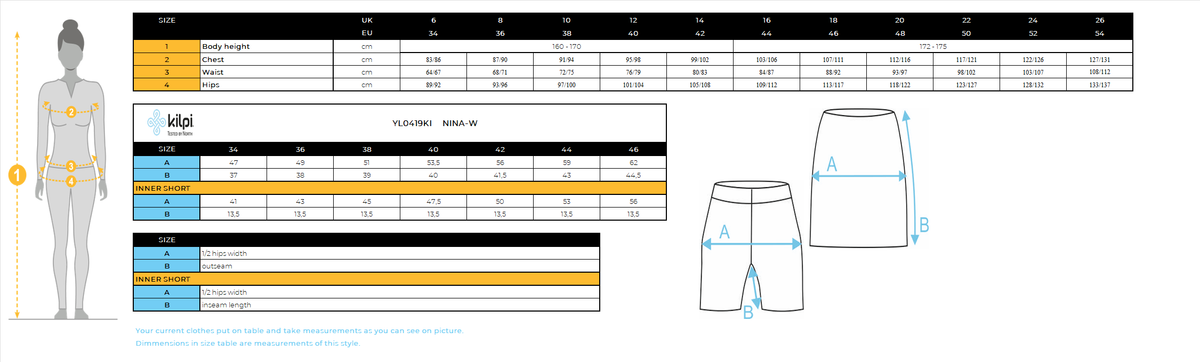 Kilpi NINA-W Praktischer Outdoor-Rock für aktive Frauen – Größentabelle