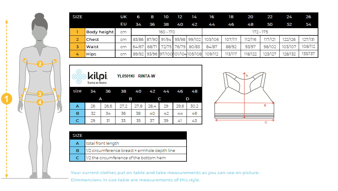 Women's functional bra Kilpi RINTA-W – Size chart