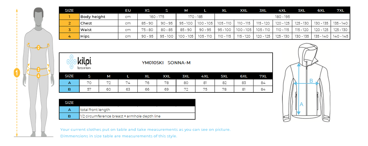 Men's outdoor jacket Kilpi SONNA-M – Size chart