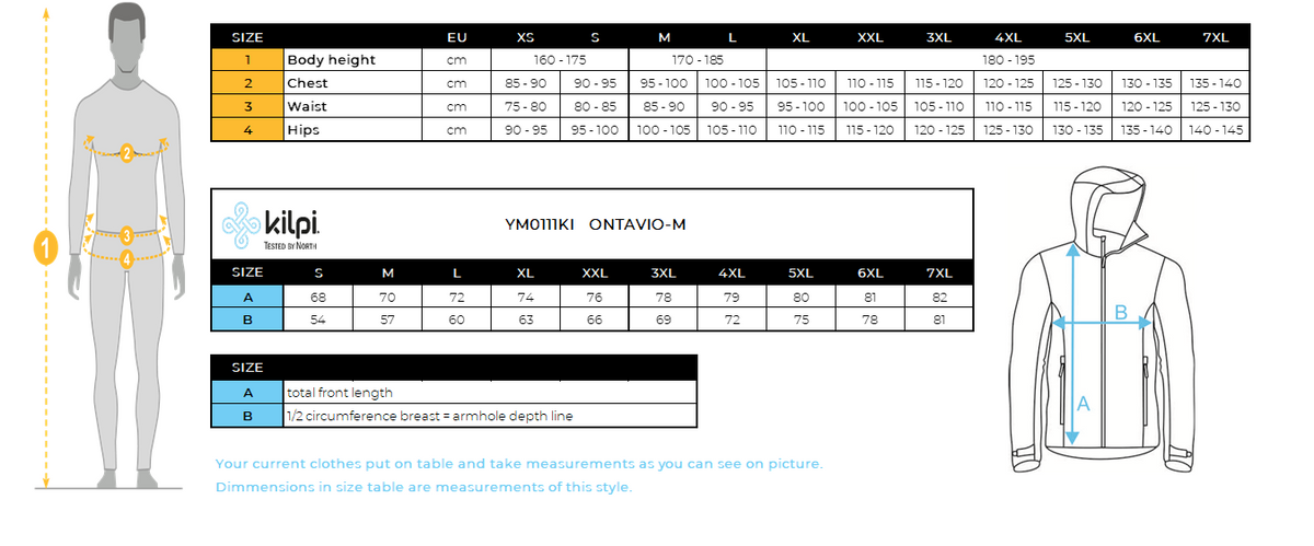Herren-Softshell-Jacke Kilpi ONTAVIO-M – Größentabelle