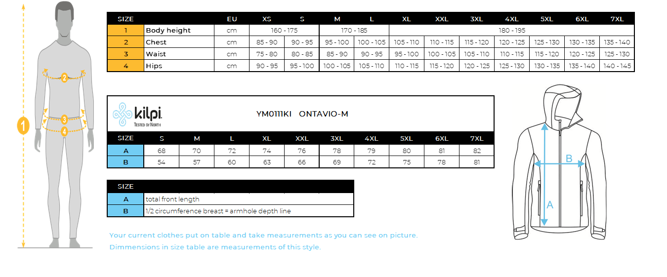 Herren-Softshell-Jacke Kilpi ONTAVIO-M – Größentabelle
