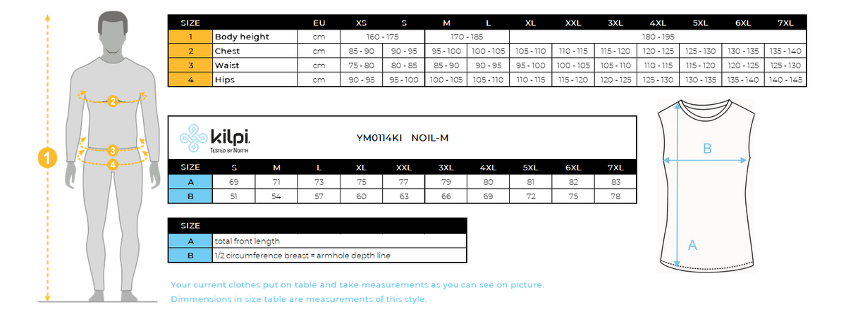 Softshell-Weste für Männer Kilpi NOIL-M – Größentabelle