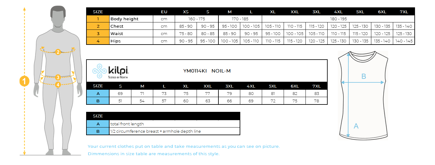 Softshell-Weste für Männer Kilpi NOIL-M – Größentabelle
