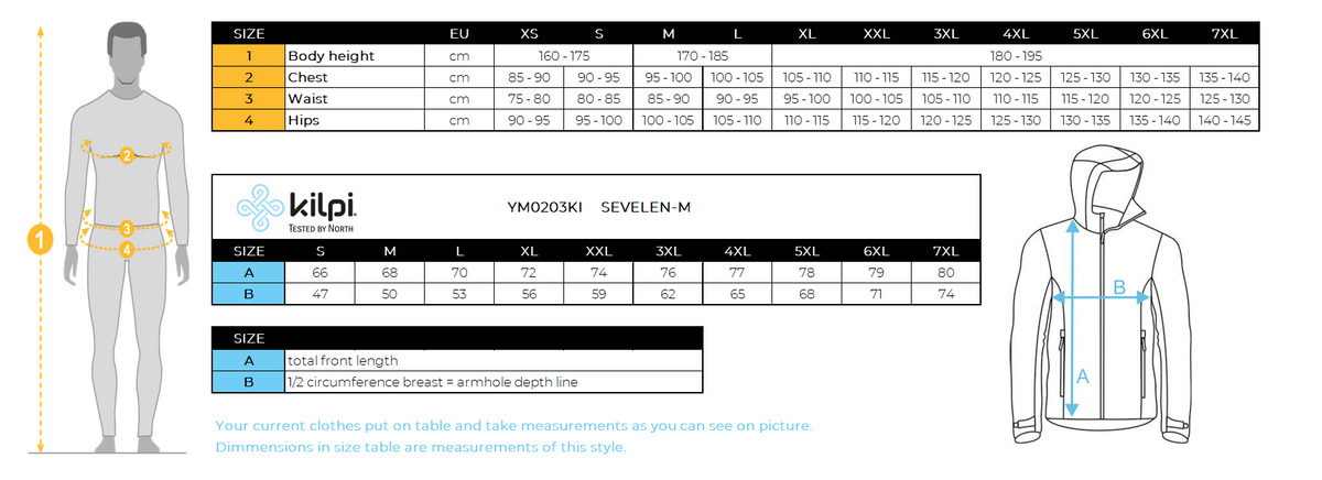 Men's fleece jacket Kilpi SEVELEN-M – Size chart