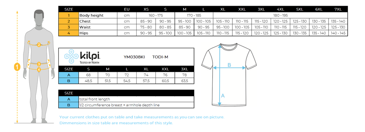 Technisches Herren-T-Shirt Kilpi TODI-M – Größentabelle