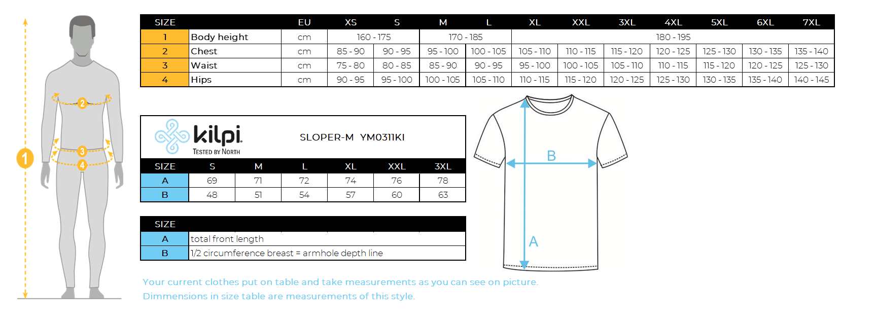 Herren-T-Shirt aus Merinowolle Kilpi SLOPER-M – Größentabelle