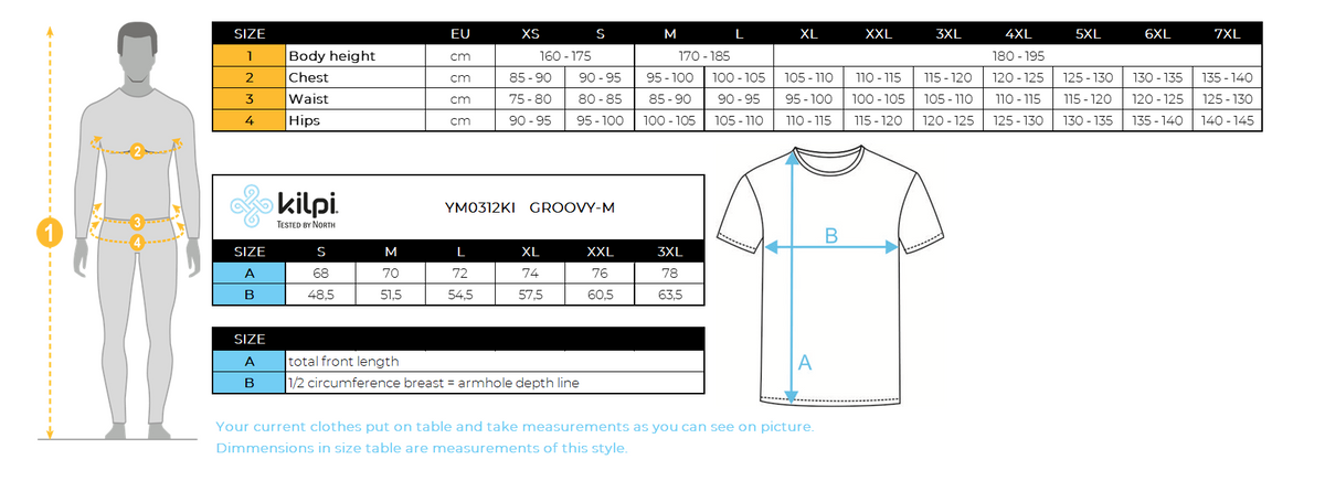 Das Kilpi GROOVY-M Funktions-T-Shirt für Männer für einen aktiven Lebensstil! – Größentabelle