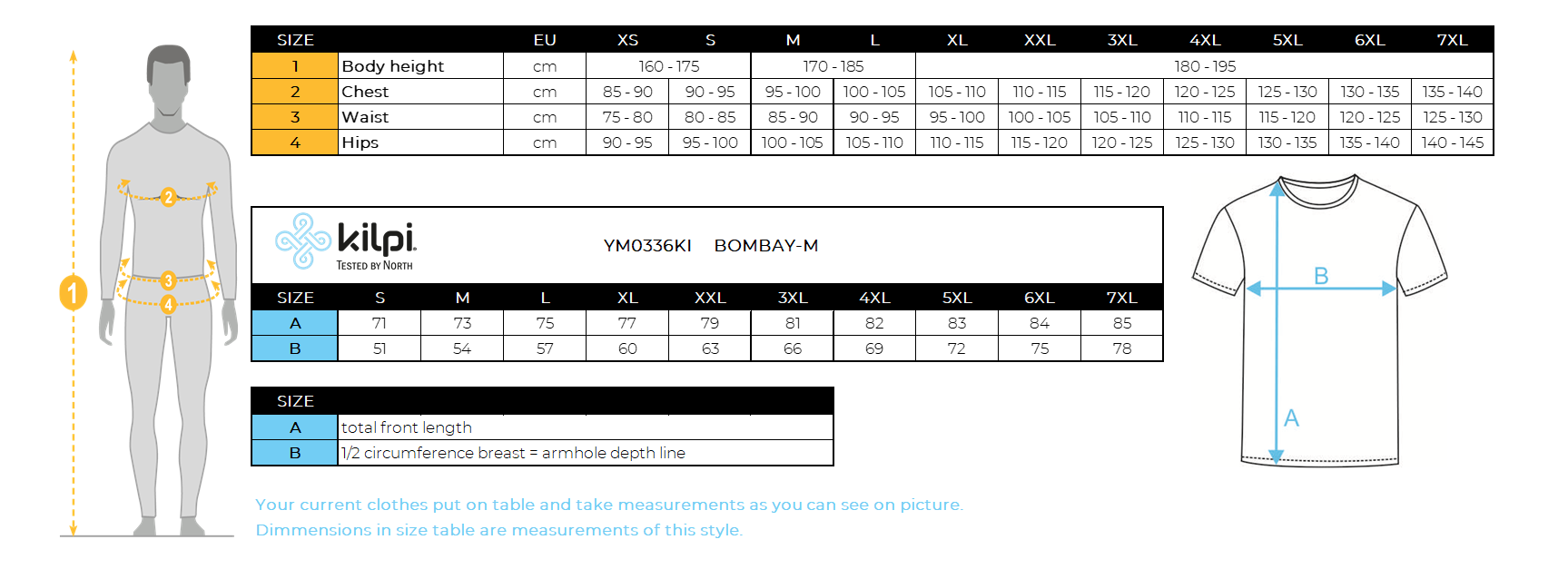 Herren-Sporthemd Kilpi BOMBAY-M – Größentabelle