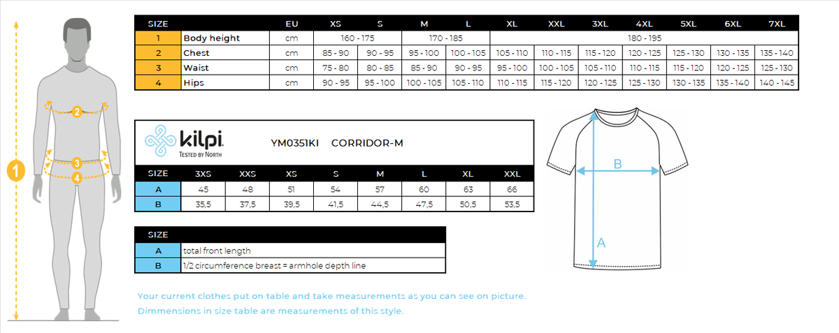 Kilpi CORRIDOR-M men's cycling jersey – Size chart