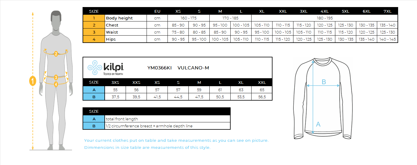Langärmeliges Radtrikot Kilpi VULCANO-M für Herren – Größentabelle