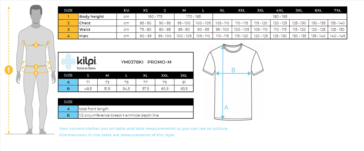 Herren-T-Shirt aus Baumwolle Kilpi PROMO-M – Größentabelle