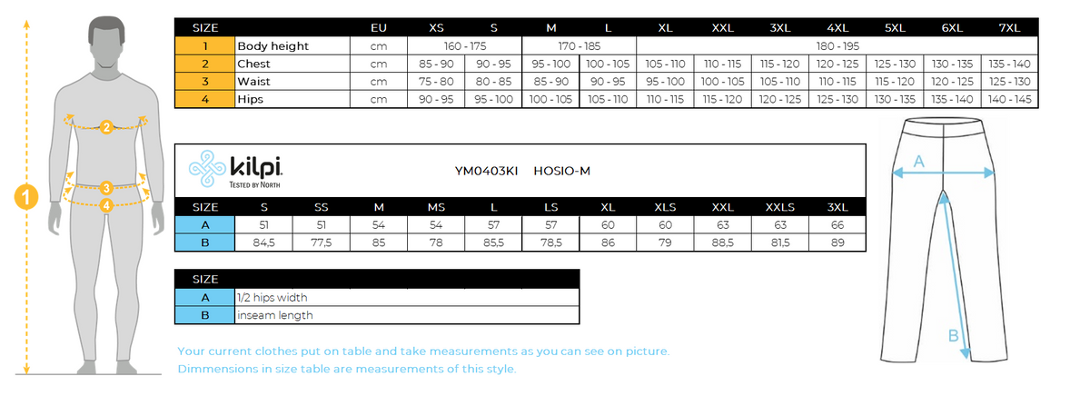 Men's outdoor pants 2 in 1 Kilpi HOSIO-M – Size chart