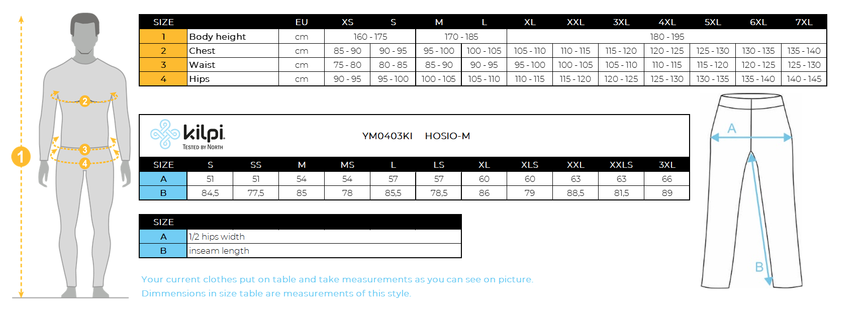 Men's outdoor pants 2 in 1 Kilpi HOSIO-M – Size chart