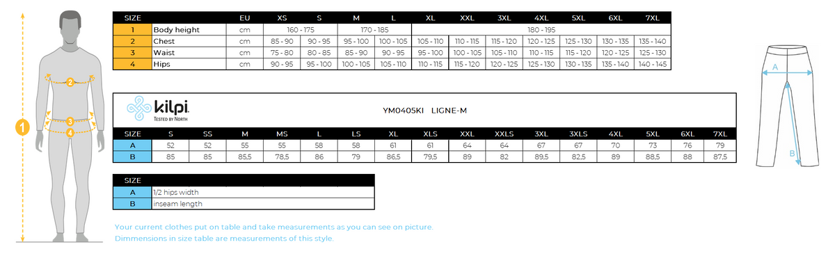 Men's outdoor pants Kilpi LIGNE-M – Size chart