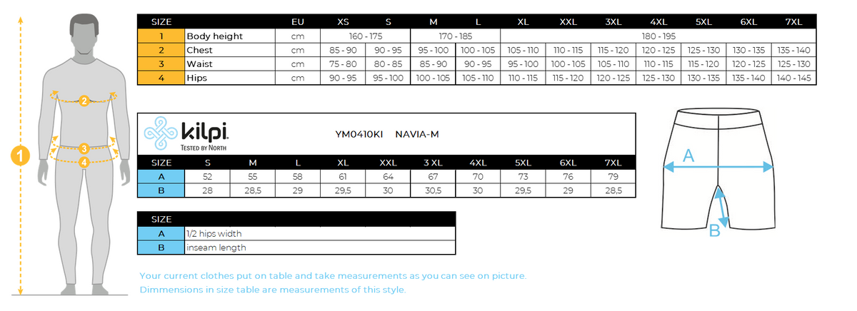Herren-Shorts für den Außenbereich Kilpi NAVIA-M – Größentabelle