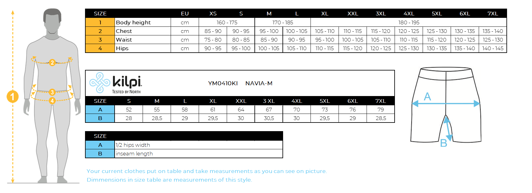 Herren-Shorts für den Außenbereich Kilpi NAVIA-M – Größentabelle