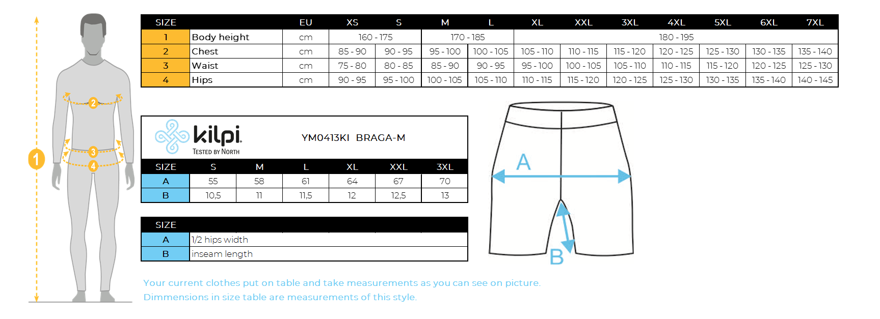 Men's running shorts for comfort and performance Kilpi BRAGA-M – Size chart