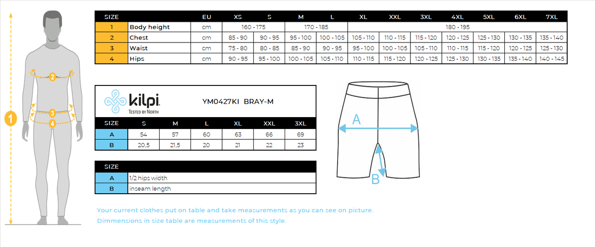 Men's fitness shorts Kilpi BRAY-M – Size chart