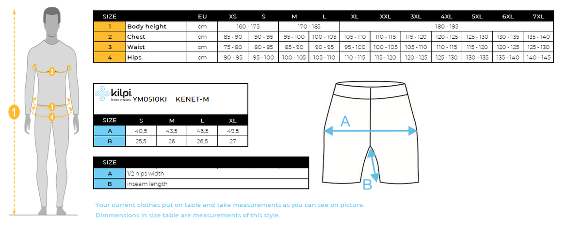 Men's functional underpants for maximum comfort Kilpi KENET-M – Size chart