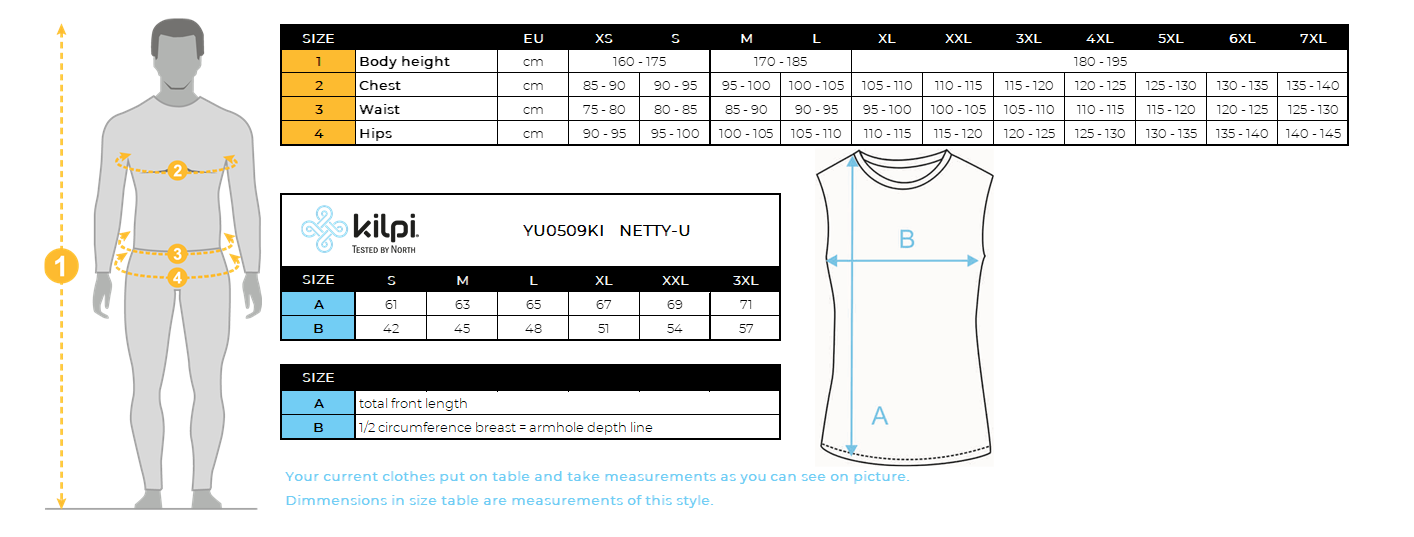 Unisex functional tank top for an active lifestyle Kilpi NETTY-U – Size chart