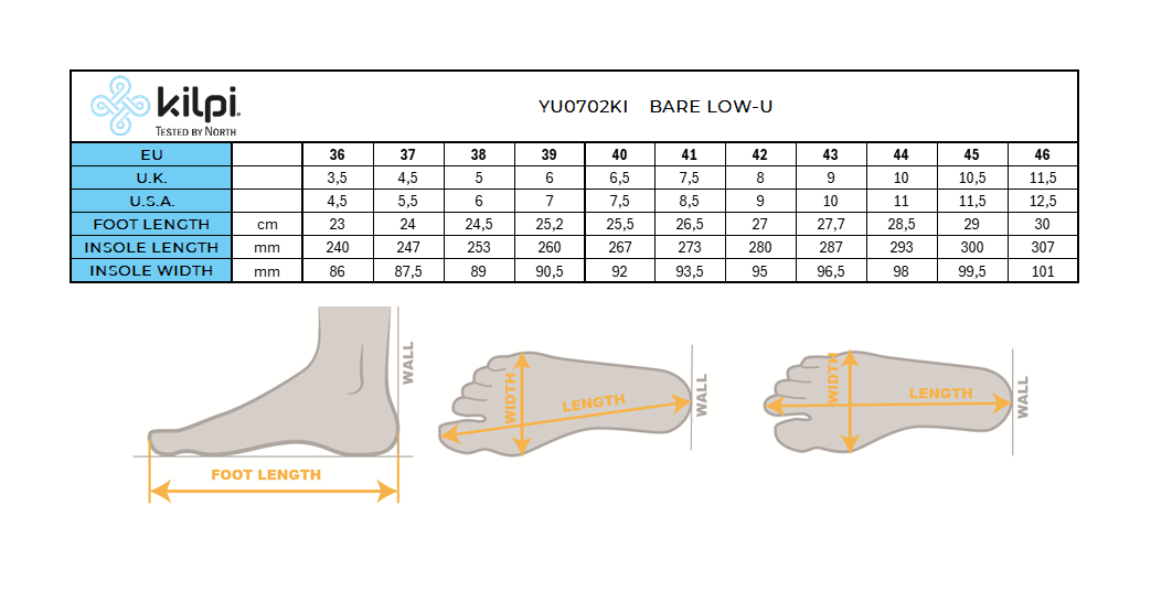 Barfußschuhe für draußen Kilpi BARELO LOW-U – Größentabelle