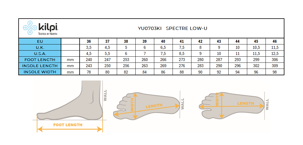 Outdoor-Schuhe Kilpi SPECTER LOW-U – Größentabelle