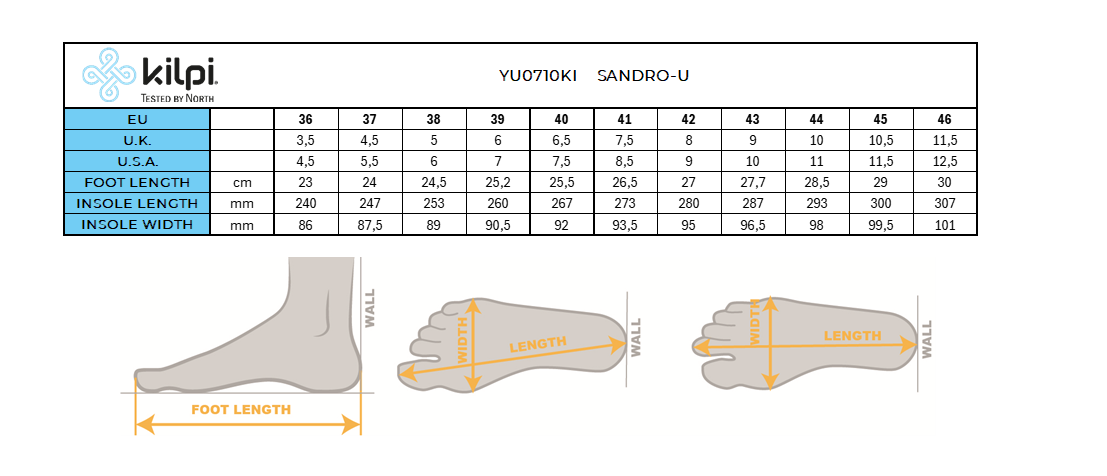 Unisex-Sandalen für Touristen Kilpi SANDRO-U – Größentabelle