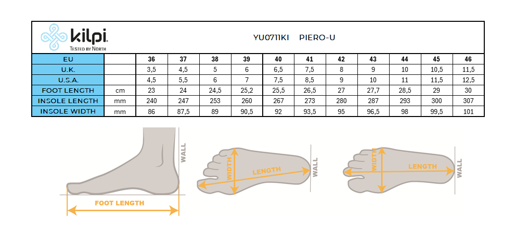 Lifestyle-Sandalen Kilpi PIERO-U – Größentabelle