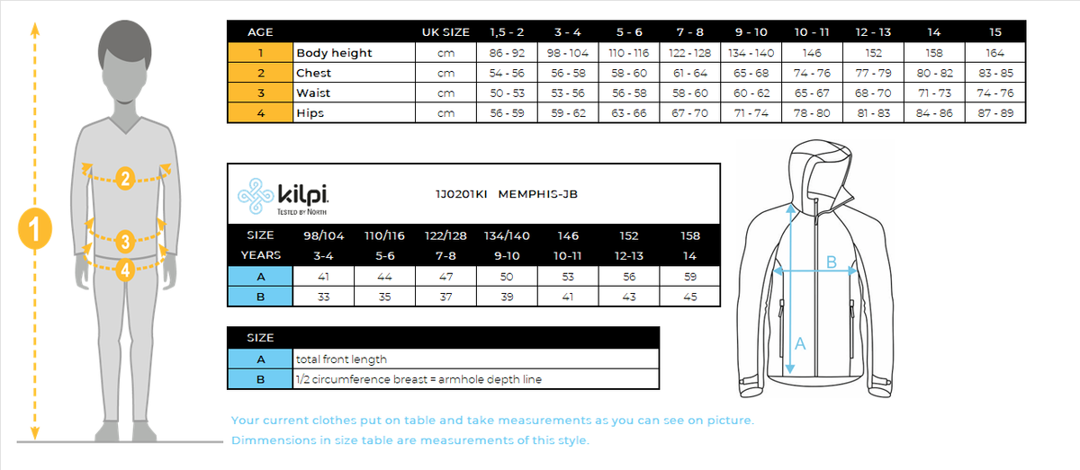 Funktionelles Sweatshirt für Jungen Kilpi MEMPHIS-JB – Größentabelle