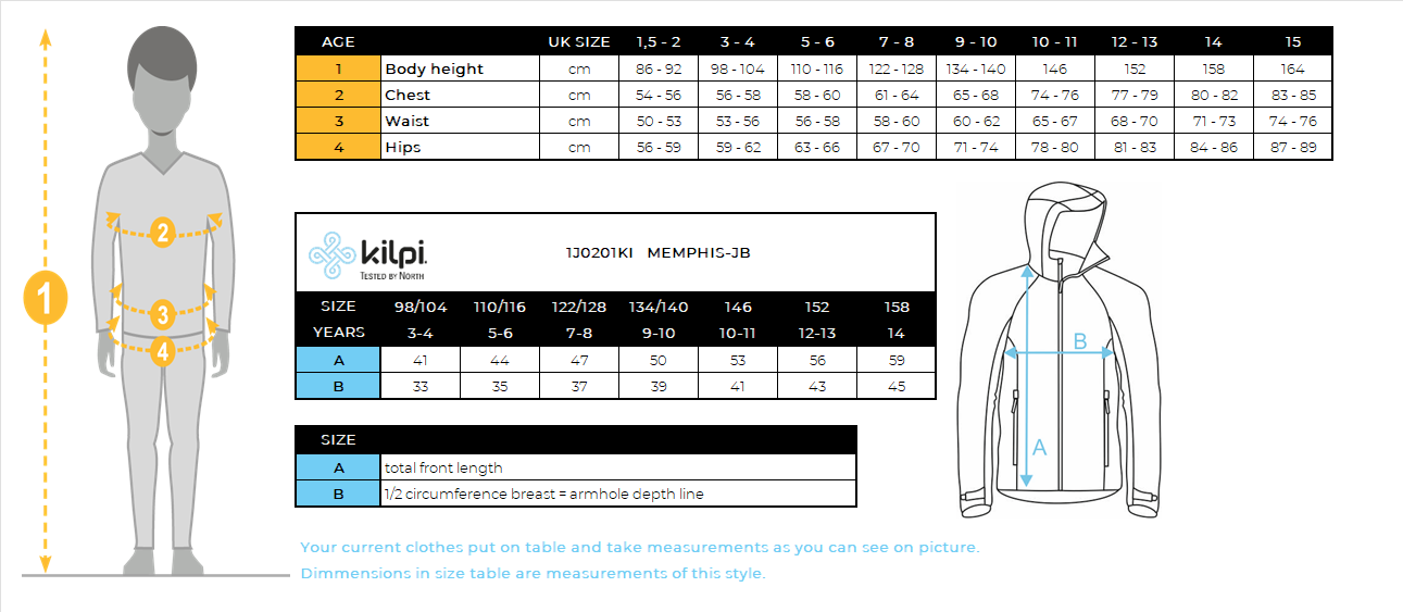 Funktionelles Sweatshirt für Jungen Kilpi MEMPHIS-JB – Größentabelle