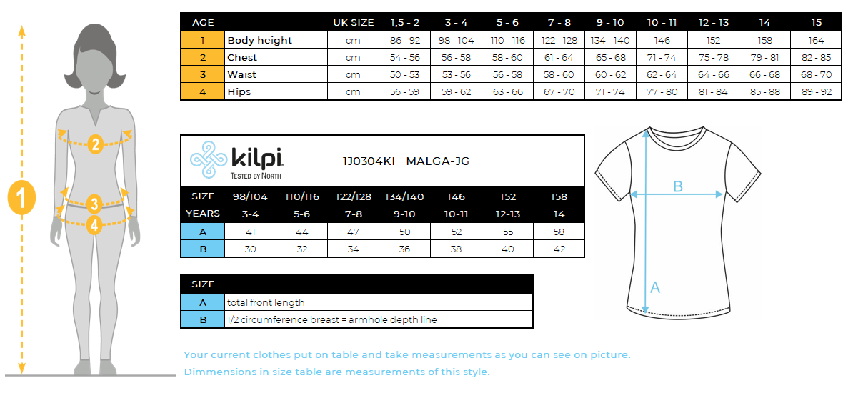 Baumwoll-T-Shirt für Mädchen Kilpi MALGA-JG – Größentabelle