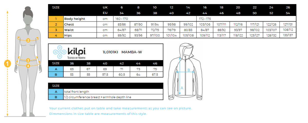 Wasserdichte Hardshell-Jacke für Damen Kilpi MAMBA-W – Größentabelle