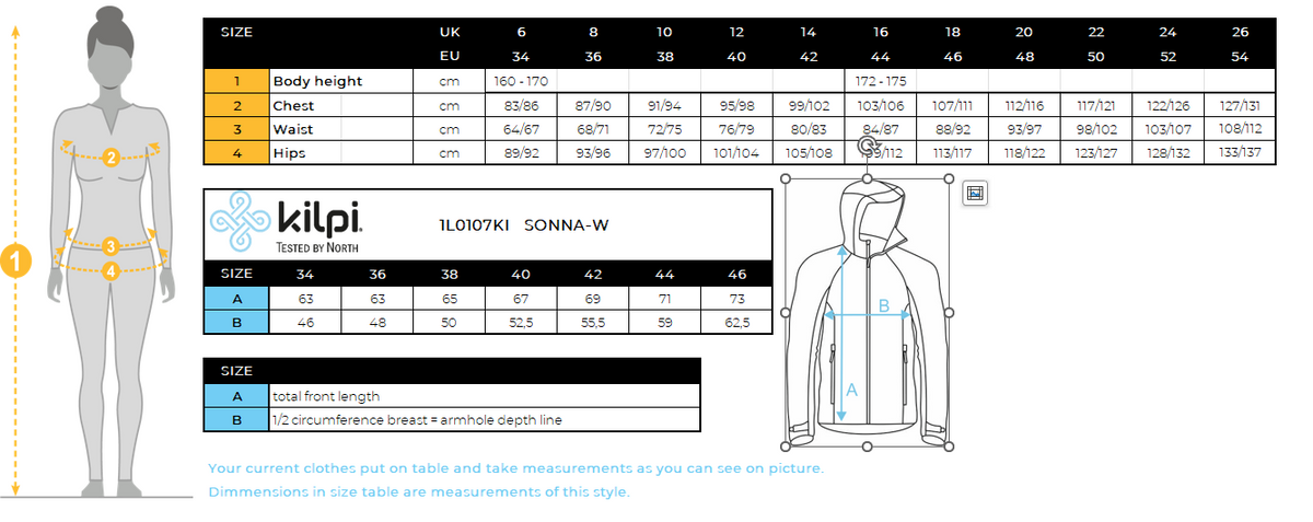 Outdoor-Jacke für Damen Kilpi SONNA-W – Größentabelle