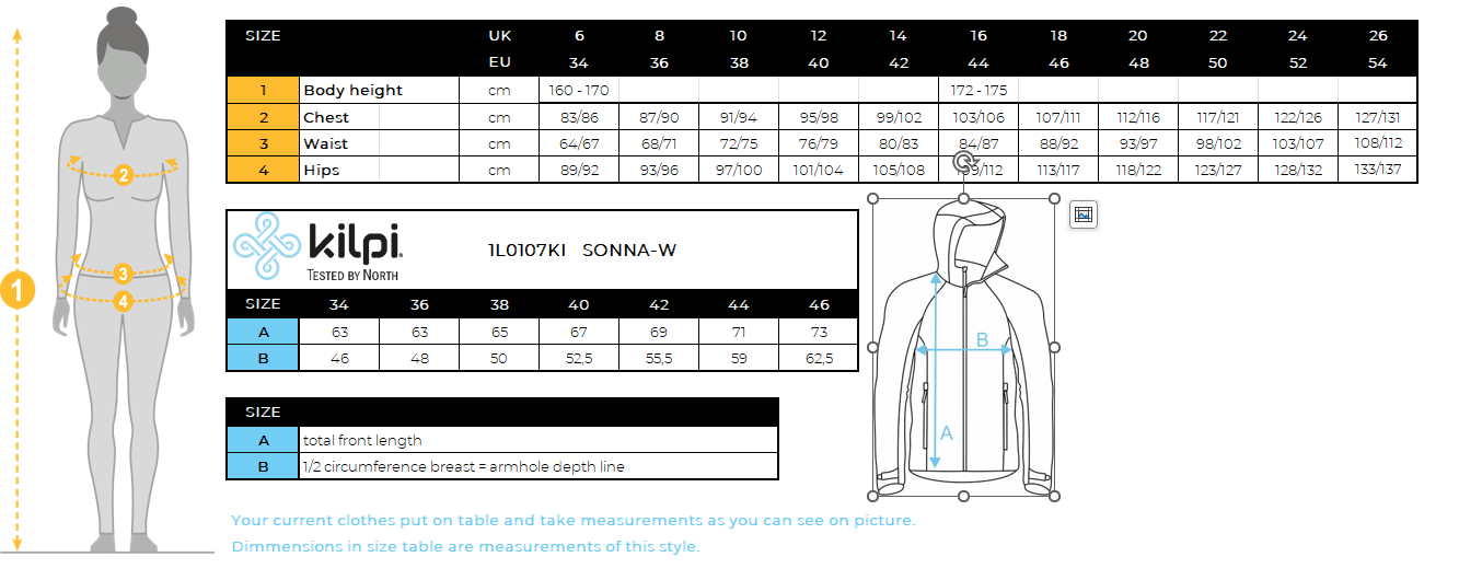 Outdoor-Jacke für Damen Kilpi SONNA-W – Größentabelle