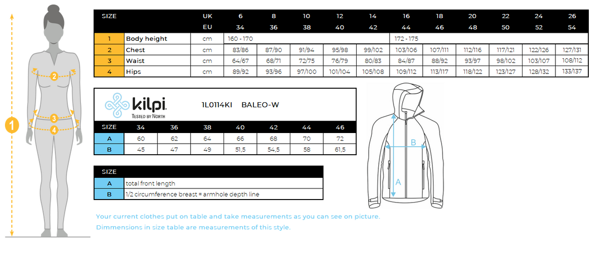 Softshell-Laufjacke für Damen Kilpi BALEO-W – Größentabelle