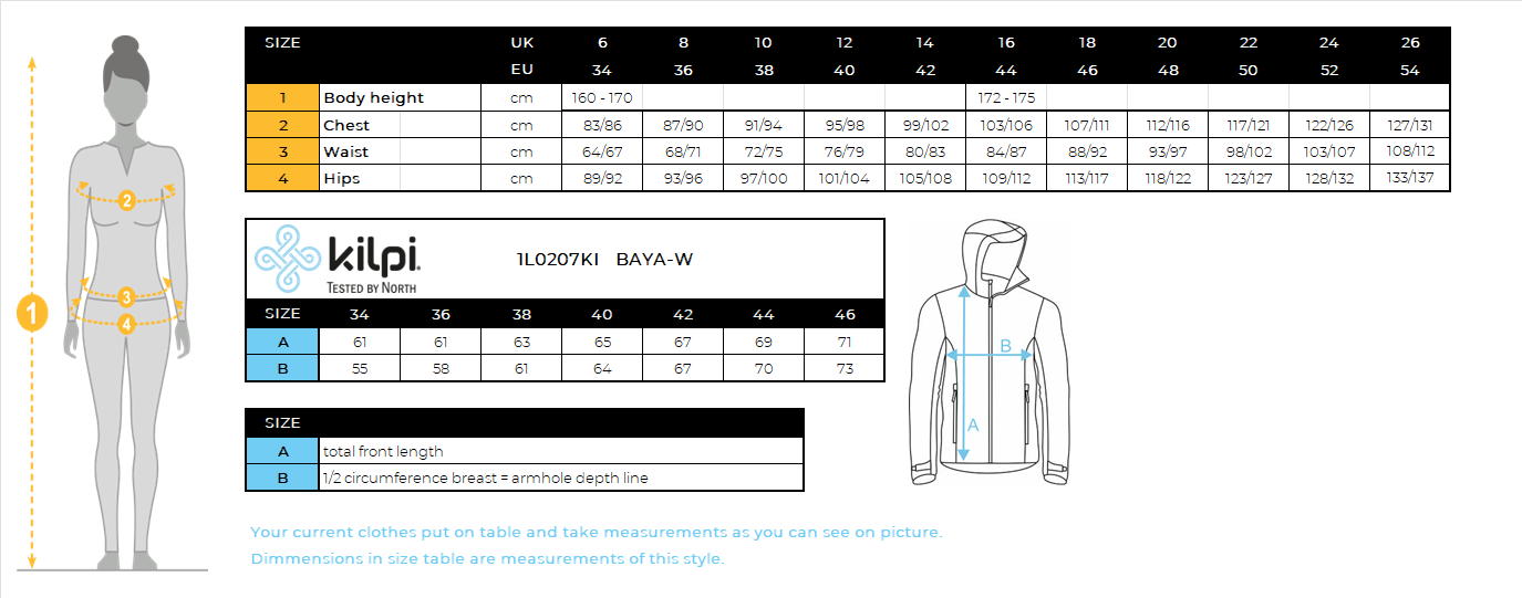 Damen-Kapuzenpullover aus Baumwolle Kilpi BAYA-W – Größentabelle