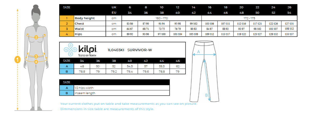 Outdoor-Hose für Damen Kilpi SURVIVOR-W – Größentabelle