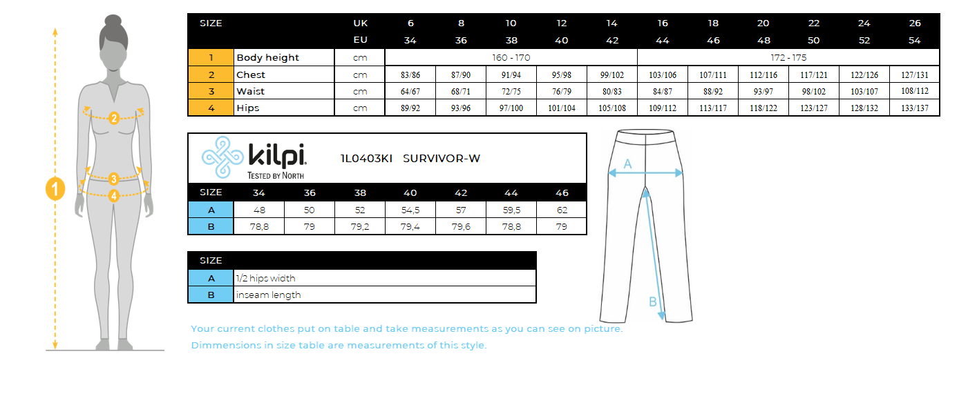 Outdoor-Hose für Damen Kilpi SURVIVOR-W – Größentabelle