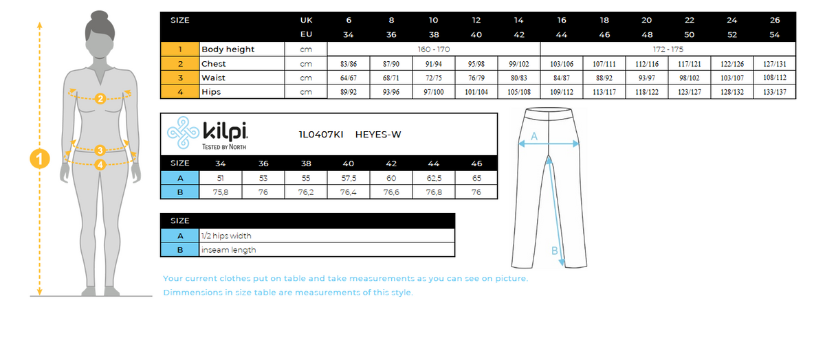 Laufhose für Damen Kilpi HEYES-W – Größentabelle