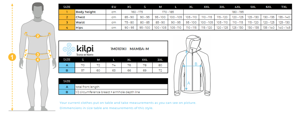 Wasserdichte Hardshelljacke für Herren Kilpi MAMBA-M – Größentabelle