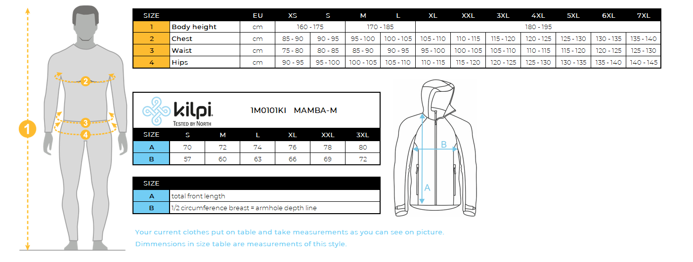 Wasserdichte Hardshelljacke für Herren Kilpi MAMBA-M – Größentabelle