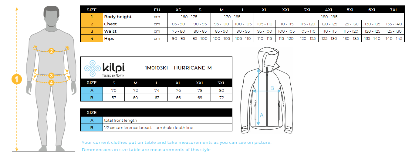 Wasserdichte Herrenjacke Kilpi HURRICANE-M – Größentabelle