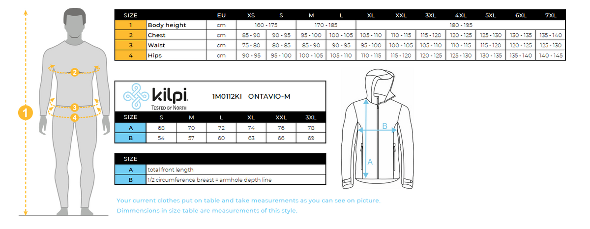 Men's softshell jacket Kilpi ONTAVIO-M – Size chart