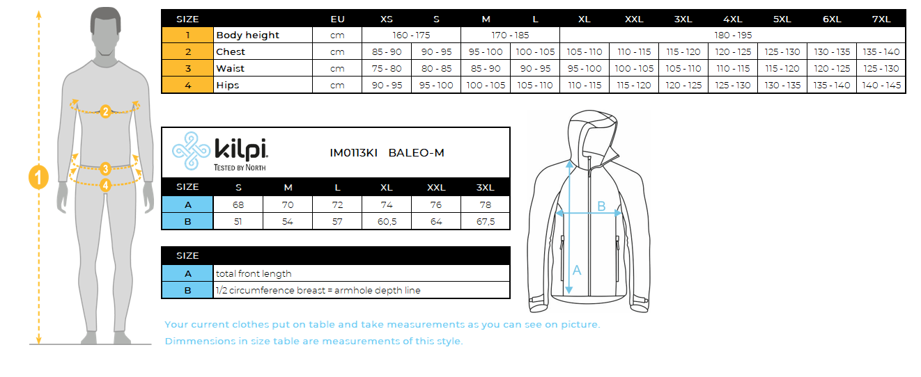 Softshell-Laufjacke für Herren Kilpi BALEO-M – Größentabelle