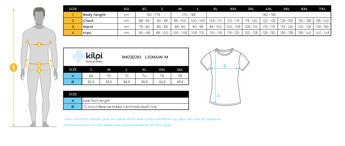 Outdoor-T-Shirt für Herren Kilpi LISMAIN-M – Größentabelle