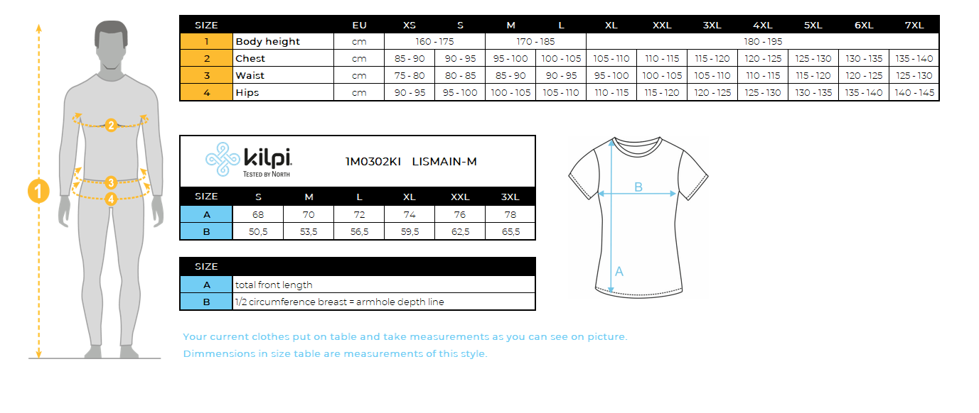 Outdoor-T-Shirt für Herren Kilpi LISMAIN-M – Größentabelle