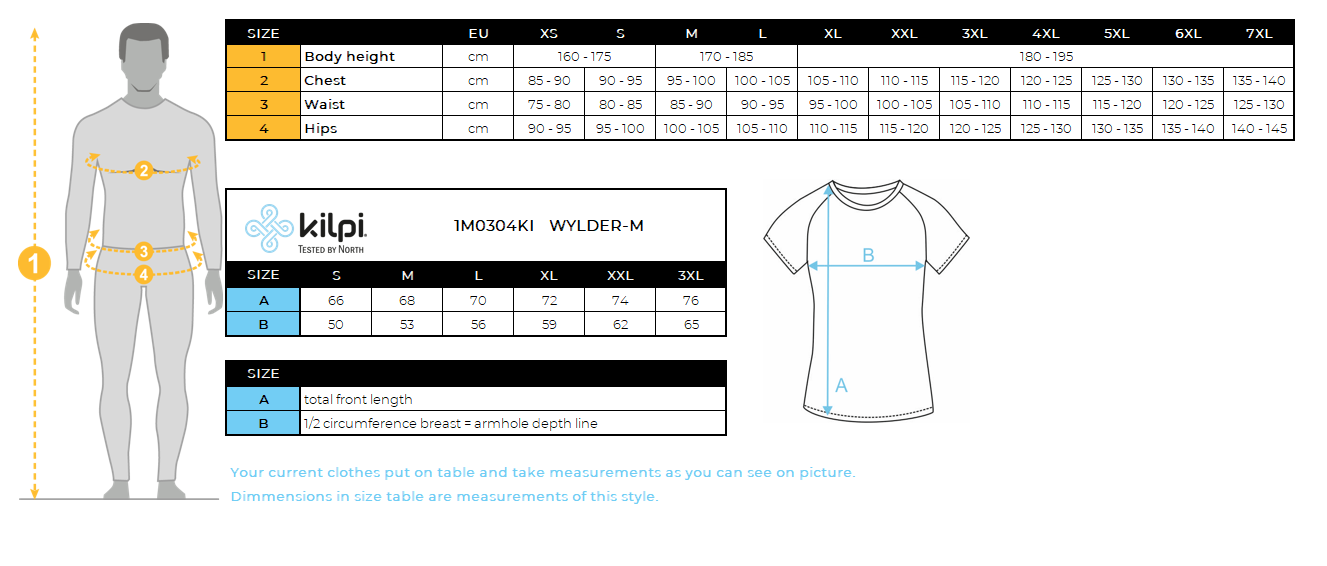 Funktions-T-Shirt für Herren Kilpi WYLDER-M – Größentabelle